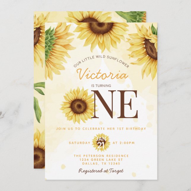 Cute Wild Sunflower turning ONE 1st Birthday Party Invitation (Front/Back)