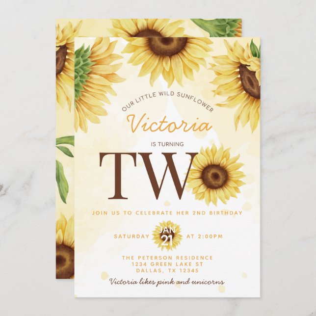 Cute Wild Sunflower turning TWO 2nd Birthday Party Invitation (Front/Back)