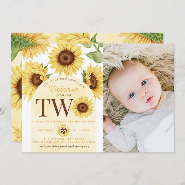Cute Wild Sunflower turning TWO 2nd Birthday Party Invitation (Front/Back)
