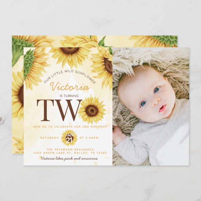 Cute Wild Sunflower turning TWO 2nd Birthday Party Invitation (Front/Back)