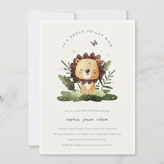 Cute Wild Tropical Jungle Animal Lion Baby Shower Invitation (Front)