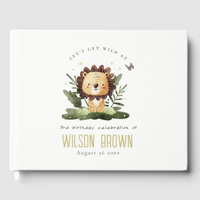 Cute Wild Tropical Jungle Animal Lion Birthday Guest Book (Front)