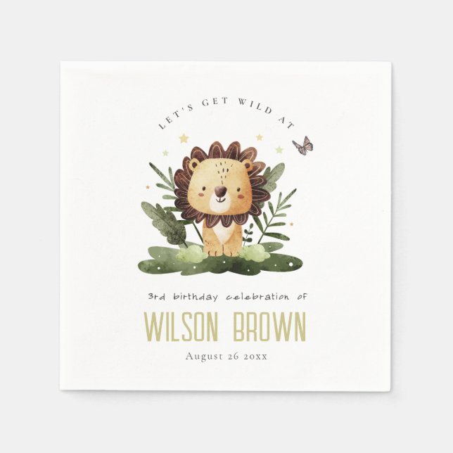 Cute Wild Tropical Jungle Animal Lion Birthday Napkin (Front)