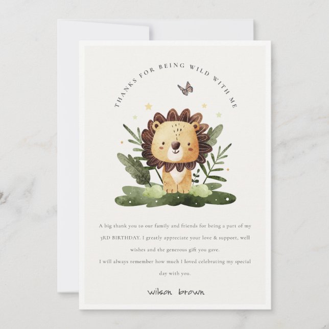 Cute Wild Tropical Jungle Animal Lion Birthday Thank You Card (Front)