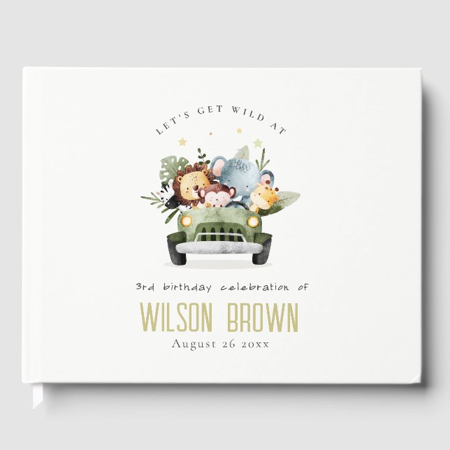 Cute Wild Tropical Jungle Animals in Car Birthday Guest Book (Front)