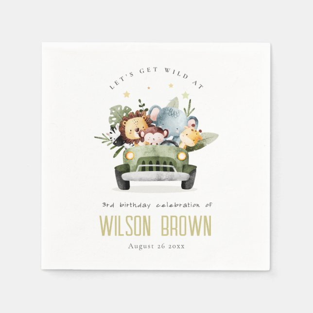 Cute Wild Tropical Jungle Animals in Car Birthday Napkin (Front)