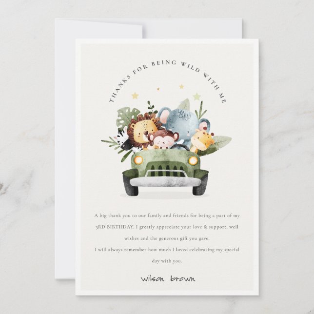 Cute Wild Tropical Jungle Animals in Car Birthday Thank You Card (Front)