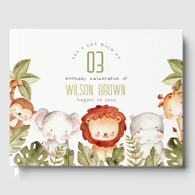 Cute Wild Tropical Safari Animals Kids Birthday Guest Book (Front)