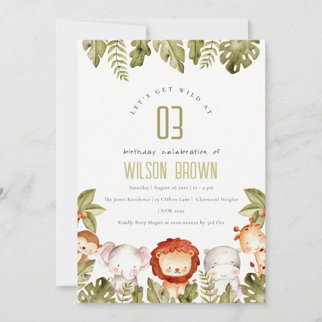 Cute Wild Tropical Safari Animals Kids Birthday Invitation (Front)