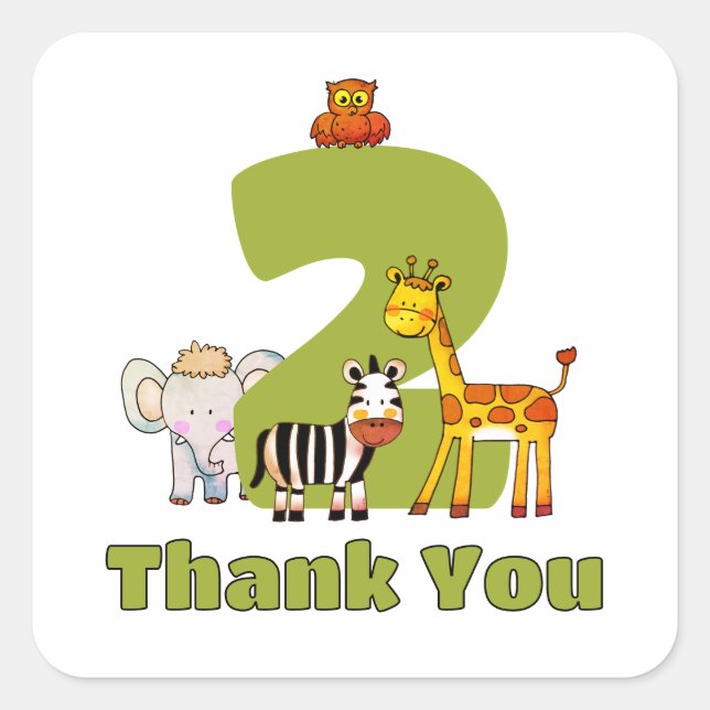 Cute Wild Two Animals 2nd Birthday Thank You Square Sticker (Front)