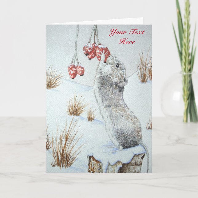 Cute wild wood mouse red berries snow scene art holiday card (Front)