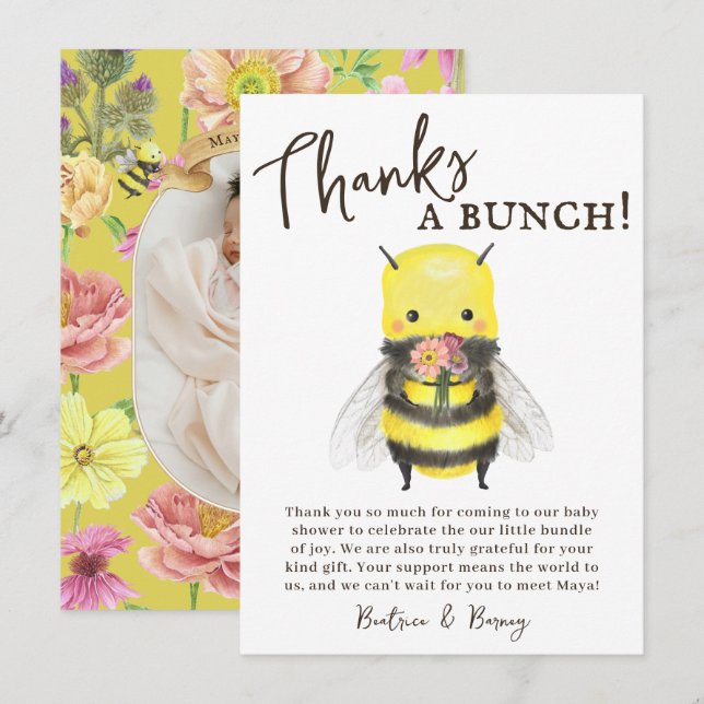 Cute Wildflower and Bee Baby Shower Thank You Card (Front/Back)