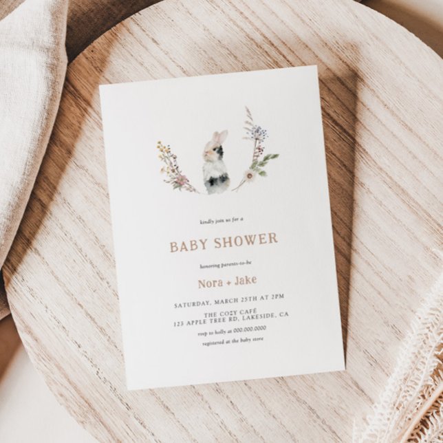 Cute Wildflower Bunny Tan Baby Shower Invitation (Creator Uploaded)