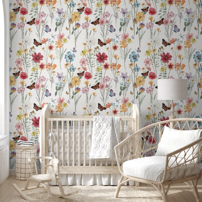 Cute Wildflower Floral and Butterfly Girl Nursery Wallpaper (Kids)