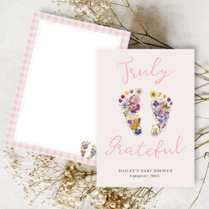 Cute Wildflower Footprints Pink Baby Shower Thank You Card