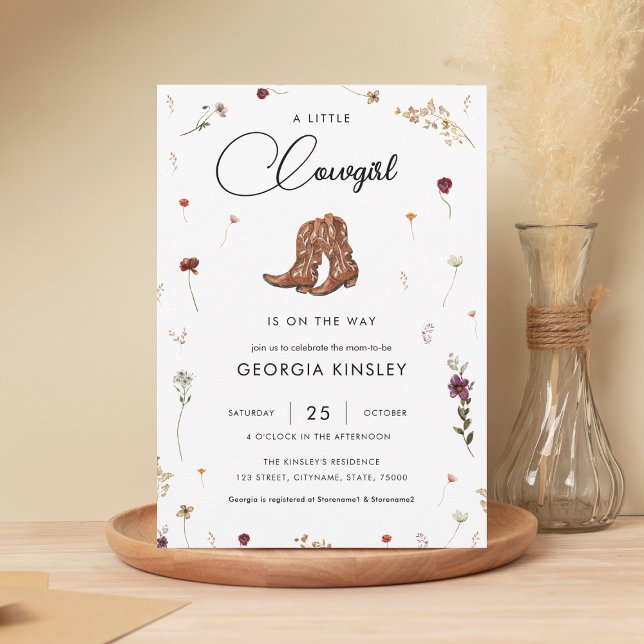 Cute Wildflower Little Cowgirl Western Baby Shower Invitation (Creator Uploaded)