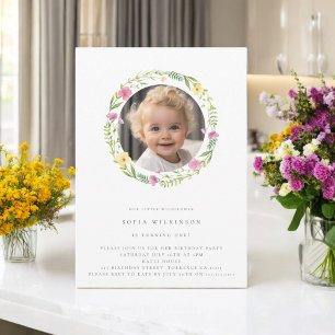 Cute wildflower  photo first birthday party invitation