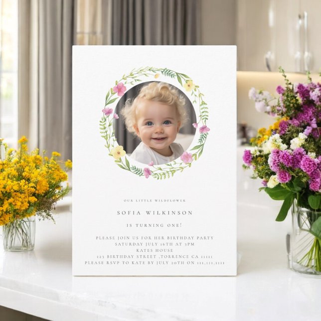 Cute wildflower  photo first birthday party invitation (little wildflower is turning one , cute minimal birthday invitation , fully editable )