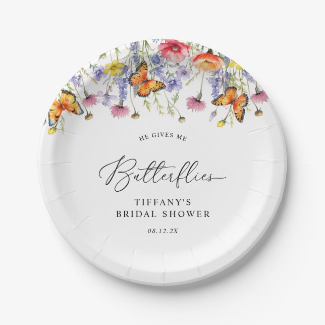 Cute Wildflowers Butterflies Floral Bridal Shower  Paper Plate (Front)