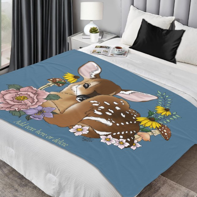 Cute Wildflowers Fawn Blue Baby Deer Woodland Fleece Blanket (Creator Uploaded)