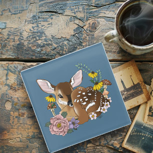 Cute Wildflowers Fawn Blue Baby Deer Woodland Glass Coaster