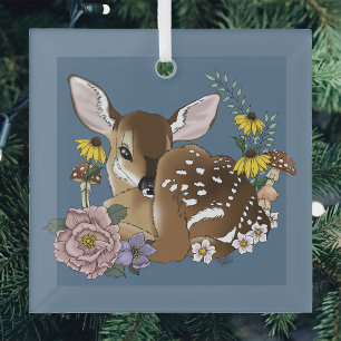 Cute Wildflowers Fawn Blue Baby Deer Woodland Glass Tree Decoration