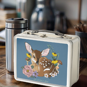 Cute Wildflowers Fawn Blue Baby Deer Woodland Metal Lunch Box
