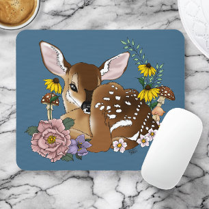 Cute Wildflowers Fawn Blue Baby Deer Woodland Mouse Mat