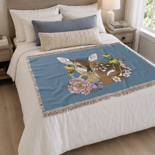 Cute Wildflowers Fawn Blue Baby Deer Woodland Throw Blanket