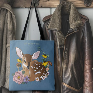 Cute Wildflowers Fawn Blue Baby Deer Woodland Tote Bag