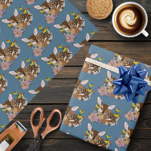 Cute Wildflowers Fawn Blue Baby Deer Woodland Wrapping Paper