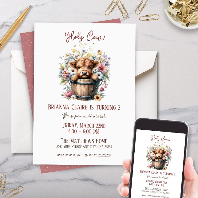 Cute Wildflowers Highland Cow Farm Animal Birthday Invitation (Cute baby highland cow birthday party invitation with wildflowers in vintage wooden bucket)