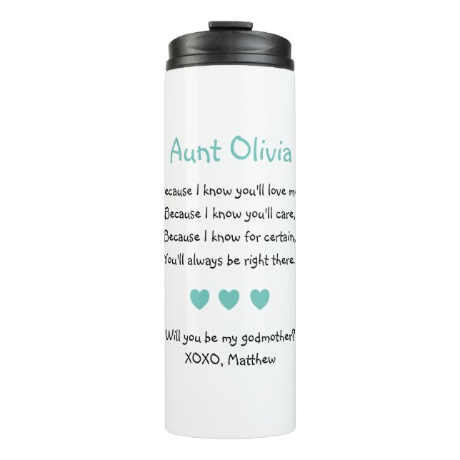 Cute Will You Be My Godmother Turquoise Hearts Thermal Tumbler (Front)