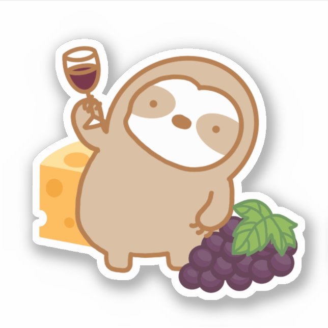 Cute Wine and Cheese Sloth Vinyl Sticker  (Front)