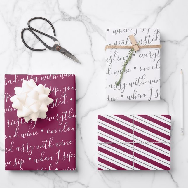 Cute Wine Gift Typography Stripes  Wrapping Paper Sheet (Front)
