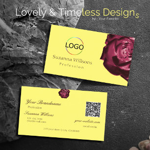 Cute Wine Red Rose Plain Yellow Logo and QR Code Business Card