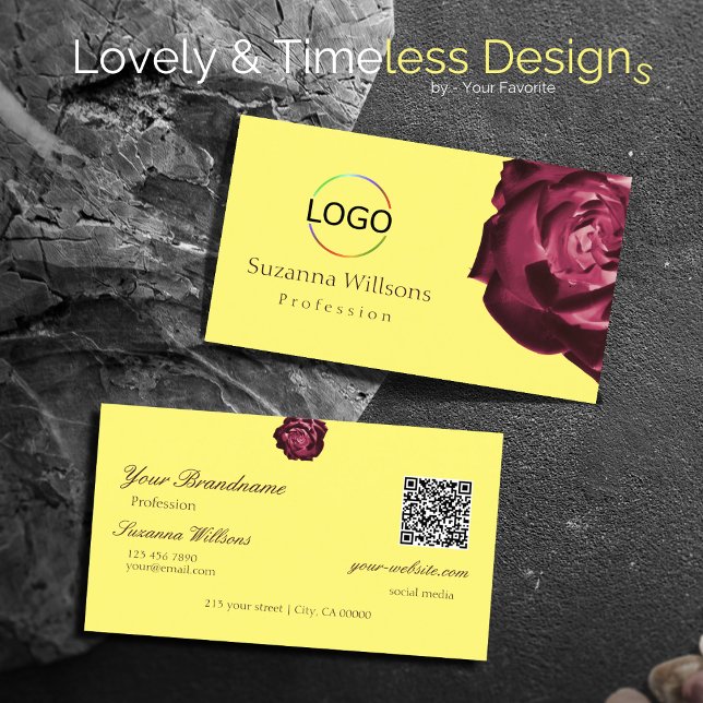 Cute Wine Red Rose Plain Yellow Logo and QR Code Business Card (Creator Uploaded)