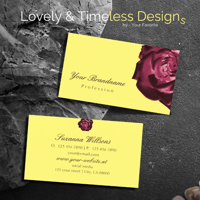 Cute Wine Red Rose Plain Yellow Simple Business Card (Creator Uploaded)