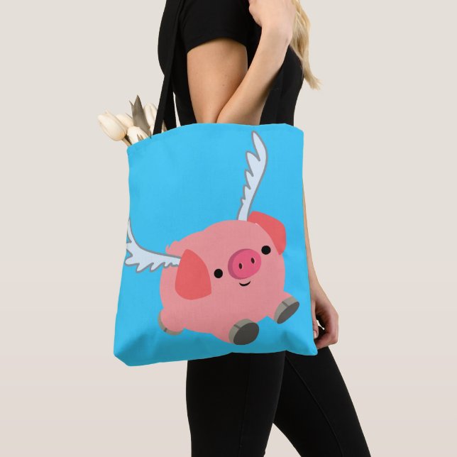 Cute Winged Cartoon Pig Tote Bag (Close Up)