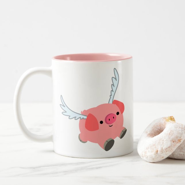 Cute Winged Cartoon Pig Two-Tone Coffee Mug (With Donut)