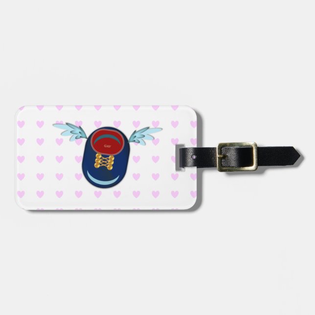 Cute winged shoe cartoon & pink hearts luggage tag (Front Horizontal)