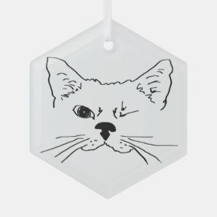 Cute Winking Cat Line Drawing Pet Animal Glass Tree Decoration
