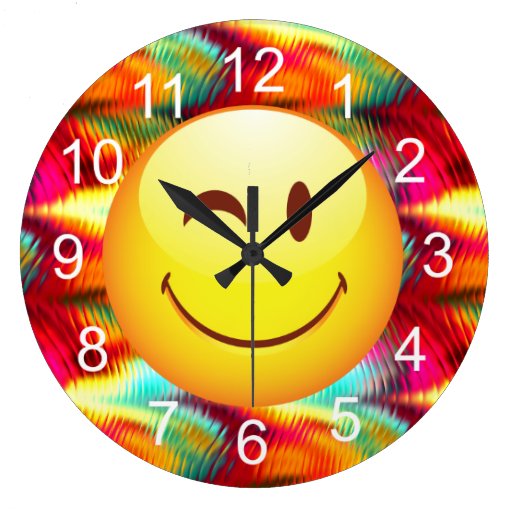Image of Cute Winking Happy Face and Bright Colours Large Clock