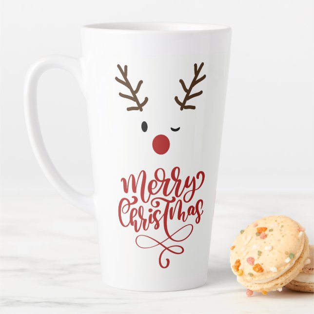 Cute Winking Rudolf Reindeer Christmas Coffee Latte Mug (In Situ)