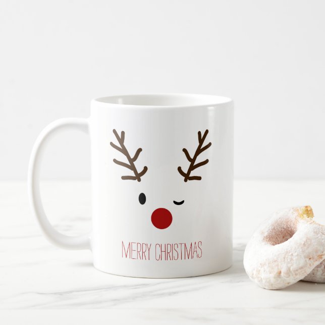 Cute Winking Rudolf Reindeer Christmas Coffee Mug (With Donut)