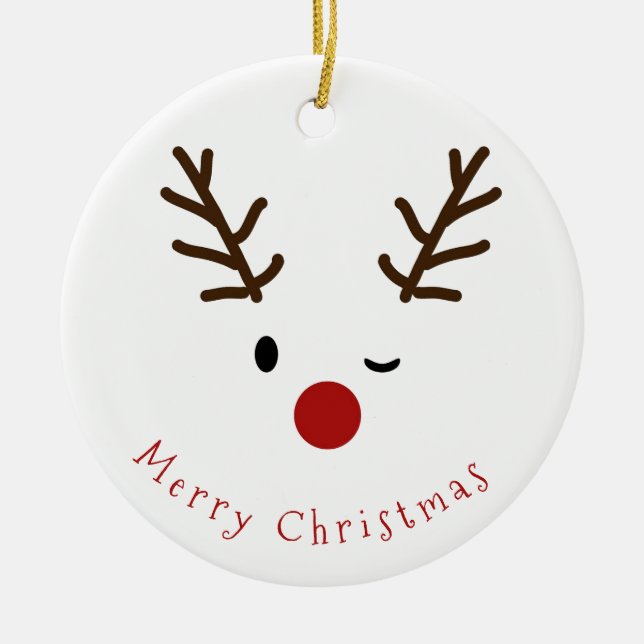 Cute Winking Rudolf Reindeer Photo Christmas Ceramic Tree Decoration (Front)