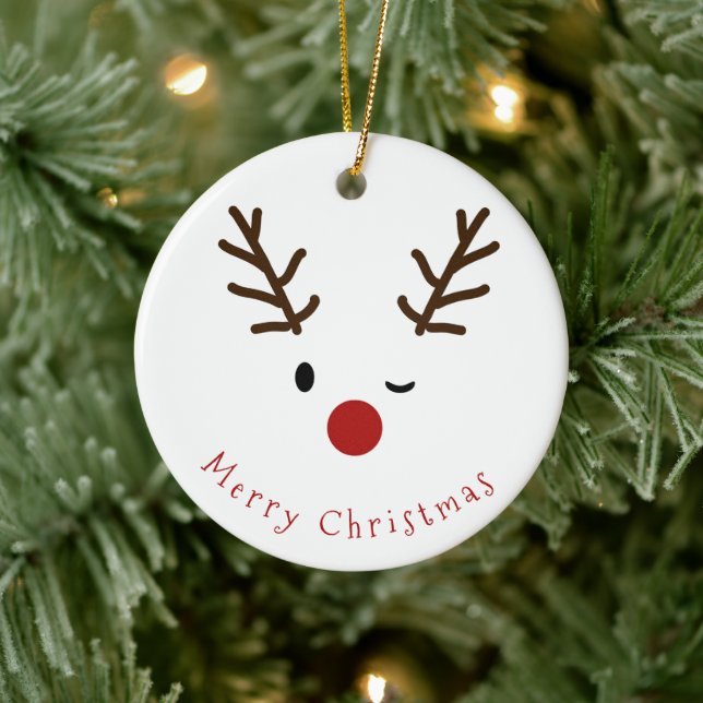Cute Winking Rudolf Reindeer Photo Christmas Ceramic Tree Decoration (Tree)