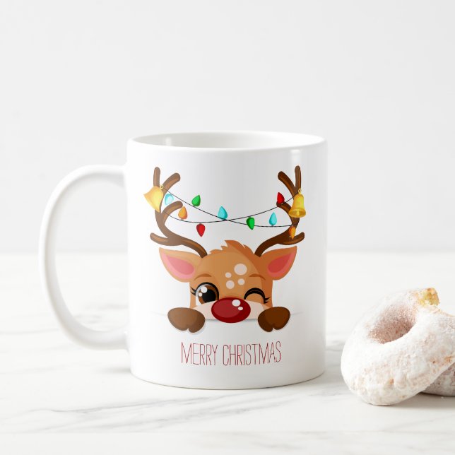 Cute Winking Rudolf Reindeer with Christmas Lights Coffee Mug (With Donut)