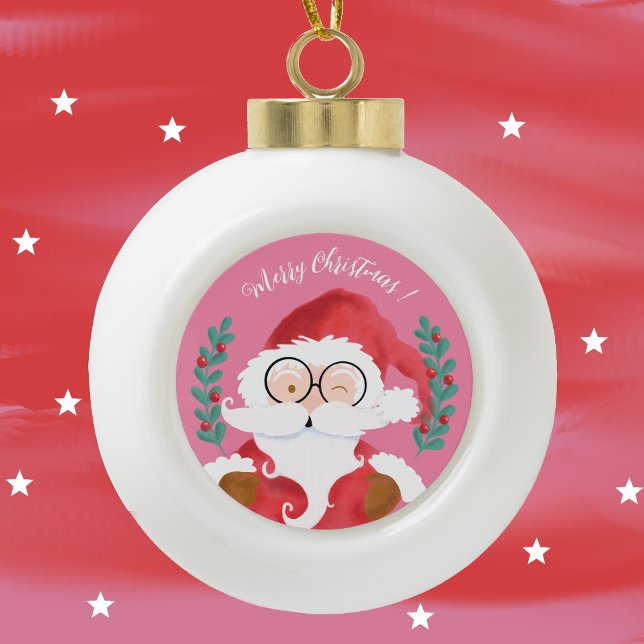 Cute Winking Santa Pink Merry Christmas Ornament (Cute modern winking Santa ceramic ball ornament .)