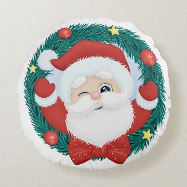 Cute Winking Santa Round Cushion (Front)
